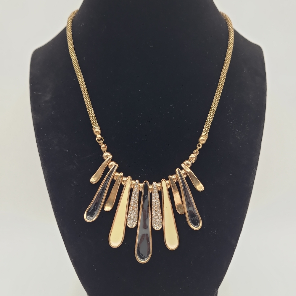 Vintage Gold Tone Fringe Bib Necklace Black Enamel Rhinestone Statement